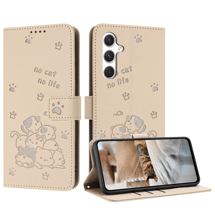 Funda de piel con diseño de gatito en relieve y cordón para Samsung Galaxy S25 FE 5G (beige)