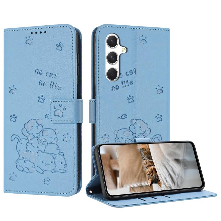 Funda de piel con diseño de gatito en relieve y cordón para Samsung Galaxy S25 FE 5G (azul)