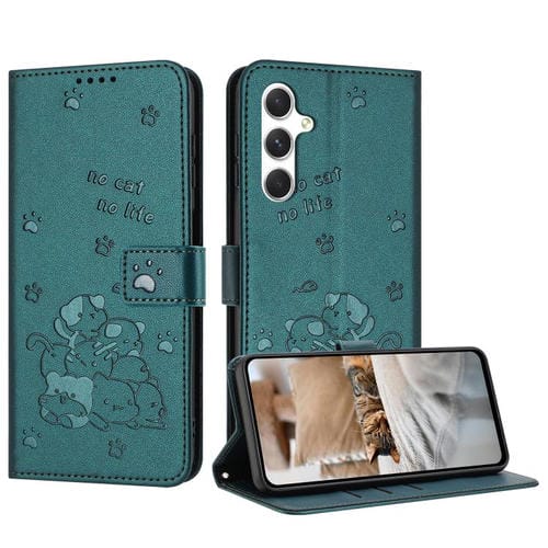 Funda de piel con diseño de gatito en relieve y cordón para Samsung Galaxy A17 5G/A26 5G (verde oscuro)