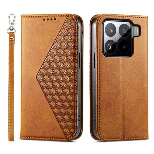 Funda De Cuero Magnética Con Textura De Becerro Y Rejilla Cúbica Para Xiaomi 15 (Amarilla)