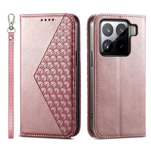 Funda De Cuero Magnética Con Textura De Becerro Y Rejilla Cúbica Para Xiaomi 15 Pro (Oro Rosa)