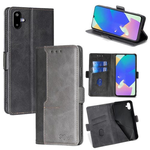 Funda de cuero con hebilla lateral en color de contraste para Samsung Galaxy F06 5G (negro y gris)