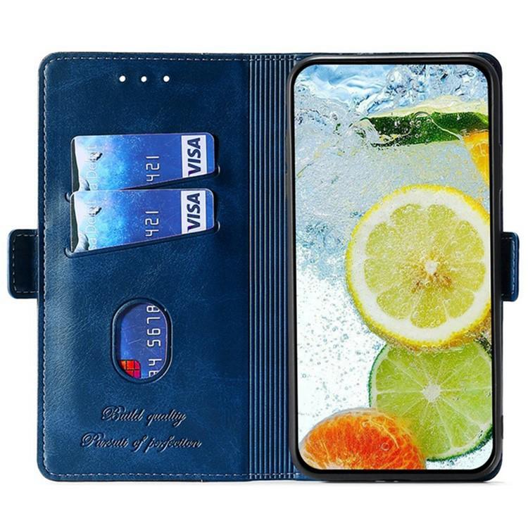 Funda de cuero con hebilla lateral en color de contraste para Samsung Galaxy F06 5G (azul y gris)
