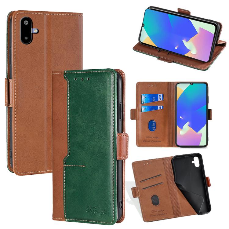 Funda de cuero con hebilla lateral en color de contraste para Samsung Galaxy F06 5G (marrón claro y verde)