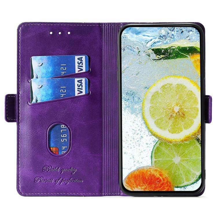 Funda de cuero con hebilla lateral en color de contraste para Samsung Galaxy F06 5G (morado y rojo rosa)