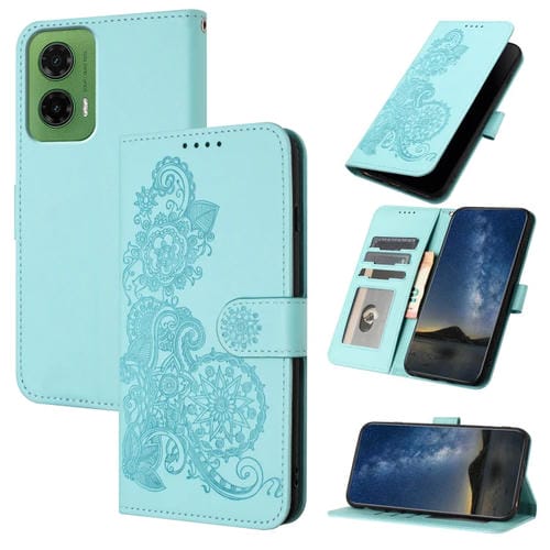 Funda de Cuero con Tapa para Motorola Moto G35 con Diseño Flor de Datura en Relieve (Azul Claro)