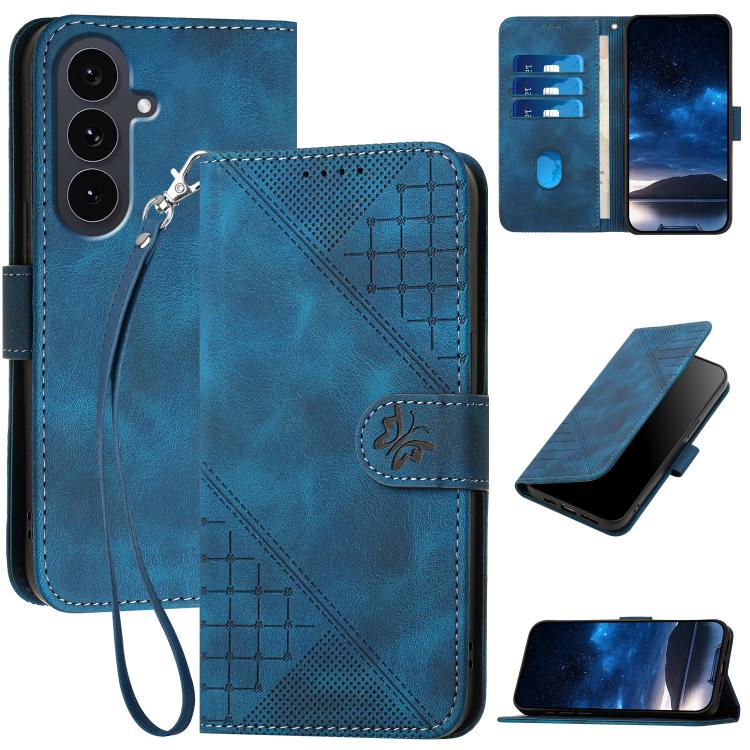Funda de cuero con estampado de mariposas en relieve y cordón para Samsung Galaxy S25 FE 5G (azul oscuro)