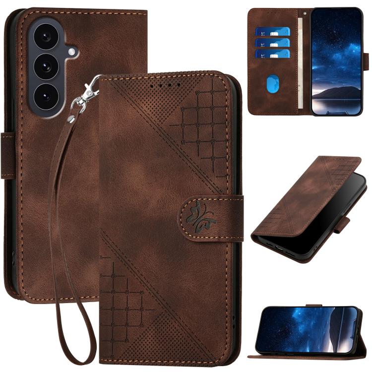 Funda de cuero con estampado de mariposas en relieve y cordón para Samsung Galaxy S25 FE 5G (café)