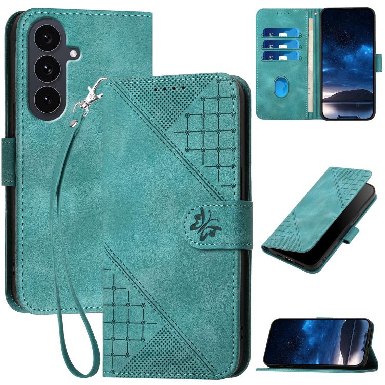 Funda de cuero con estampado de mariposas en relieve y cordón para Samsung Galaxy S25 FE 5G (azul claro)