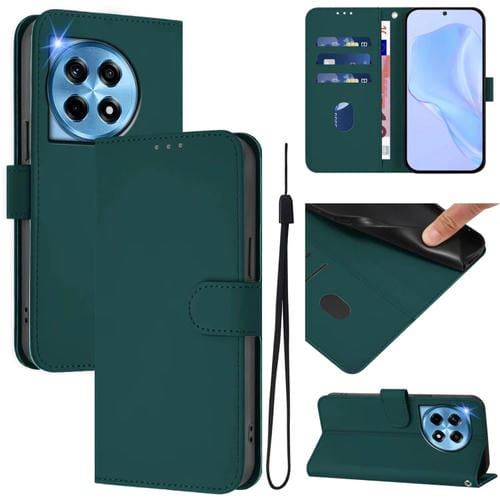 Funda de Cuero con Cordón para OnePlus 12 5G con Sensación de Piel (Verde Oscuro)
