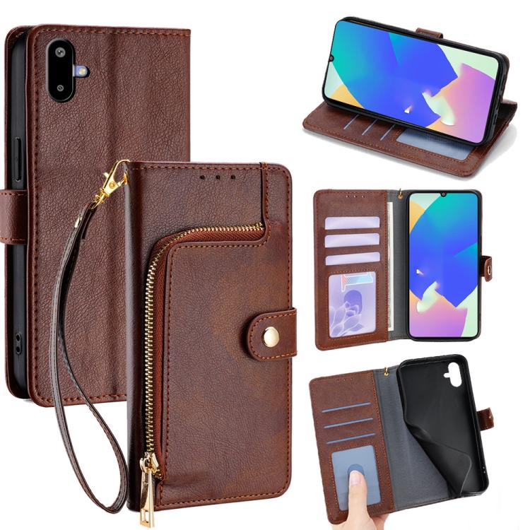 Funda de cuero con cremallera para Samsung Galaxy F06 5G (marrón)