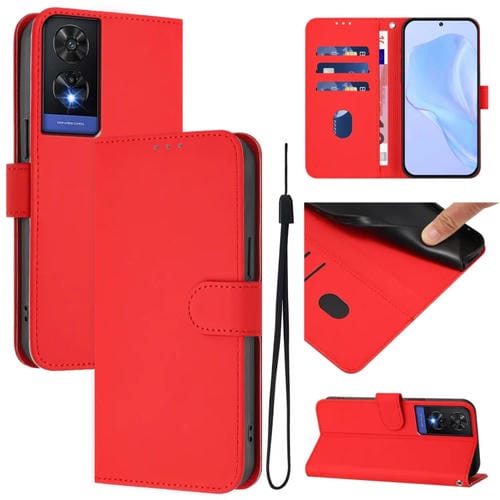 Funda de Piel con Cordón para Teléfono TCL 505 con Tacto de Piel (Rojo)