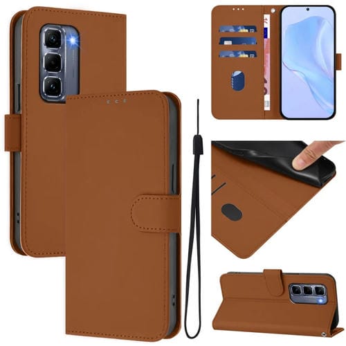 Funda de Cuero con Cordón para Teléfono Infinix Hot 50 Pro+ 4G con Tacto de Piel (Marrón)