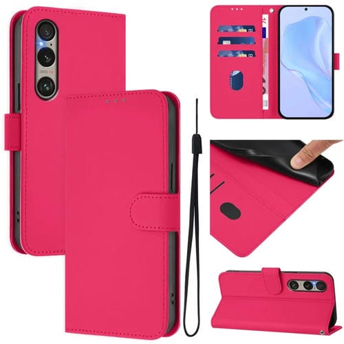 Funda de Piel Sintética con Cordón para Sony Xperia 1 Vi (2024) (Rosa Rojo)
