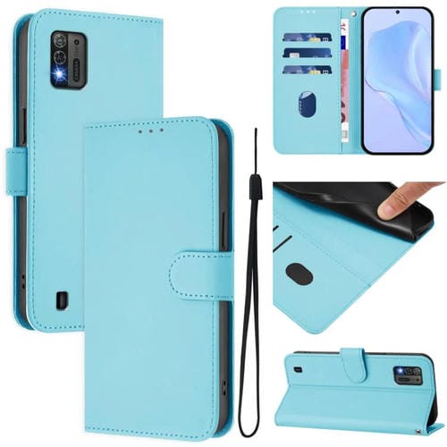 Funda de cuero con textura de piel y cordón para ZTE Blade A52 Lite (azul cielo)