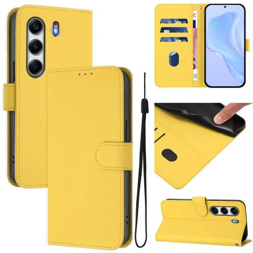 Funda de Piel para Tecno Camon 40 Pro 4G con Textura Lisa y Cordón (Amarillo Limón)