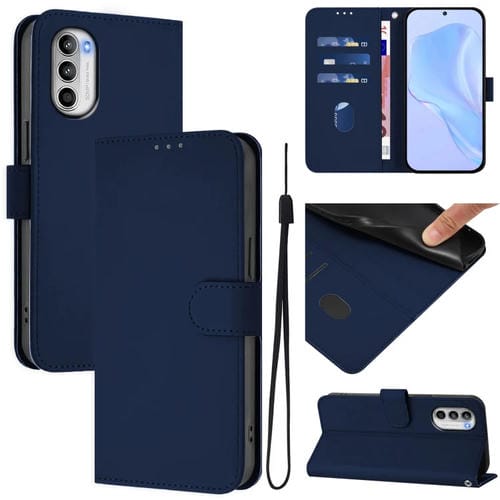 Funda de Cuero con Cordón para Motorola Moto G52 4G y G82 5G (Azul Marino)