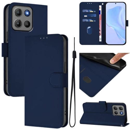 Funda de cuero con textura de piel y cordón para Motorola Moto G15 Power (azul marino)