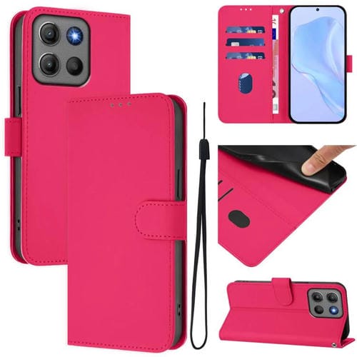 Funda de cuero con textura de piel y cordón para Motorola Moto G15 Power (rosa y rojo)