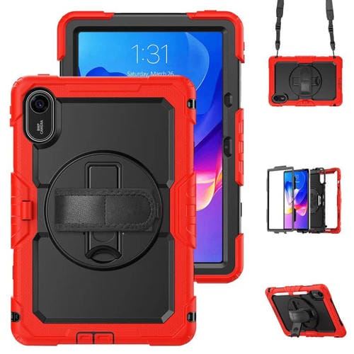 Funda híbrida de silicona para tableta Xiaomi Redmi Pad 2 con soporte giratorio y correa para el hombro (rojo y negro)