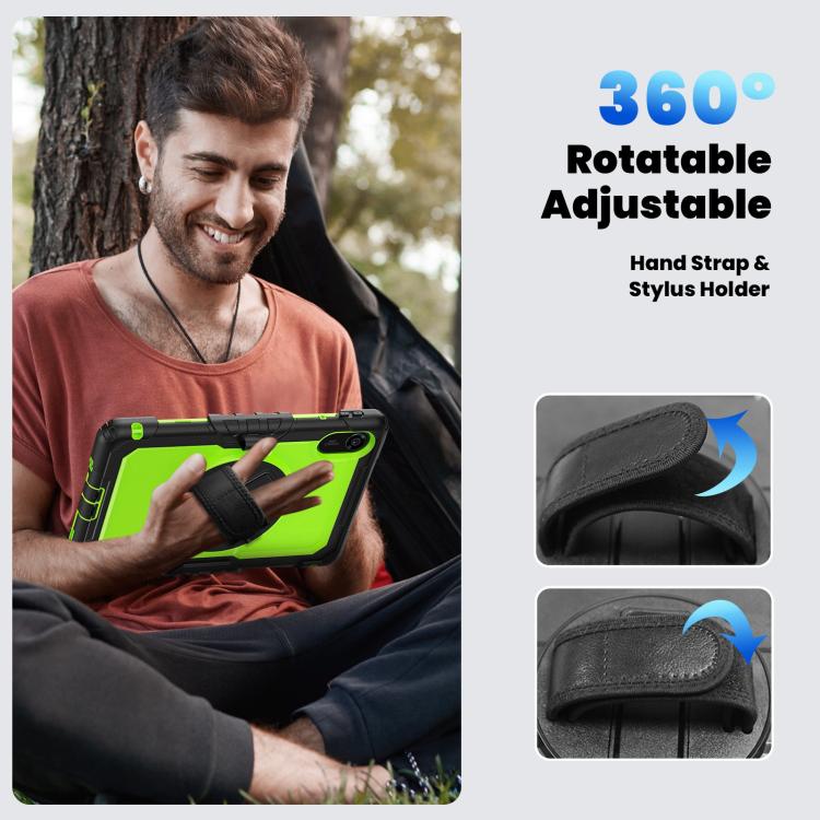 Funda híbrida de silicona para tableta Xiaomi Redmi Pad 2 con soporte giratorio y correa para el hombro (negro y amarillo/verde)