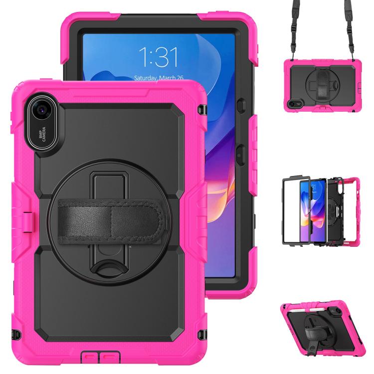 Funda híbrida de silicona para tableta Xiaomi Redmi Pad 2 con soporte giratorio y correa para el hombro (rosa, rojo y negro)