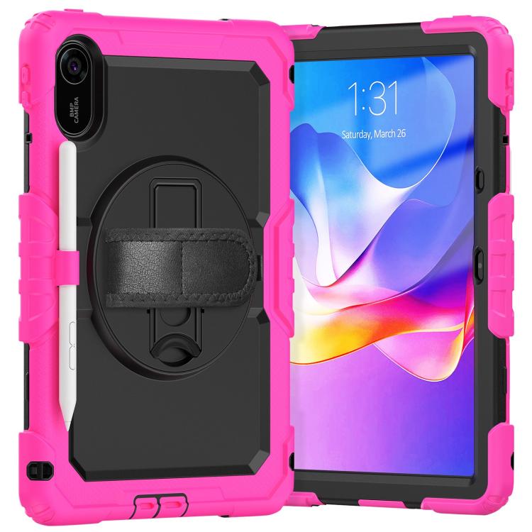 Funda híbrida de silicona para tableta Xiaomi Redmi Pad 2 con soporte giratorio y correa para el hombro (rosa, rojo y negro)
