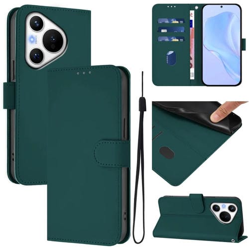 Funda de Piel con Cordón para Teléfono Huawei Pura 70 Skin Feel (Verde Oscuro)