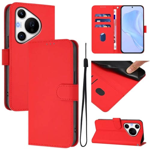 Funda de Cuero con Cordón para Huawei Pura 70 Pro y 70 Pro+ Textura Piel (Rojo)
