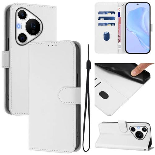 Funda de Cuero con Cordón para Huawei Pura 70 Pro / 70 Pro+ con Textura de Piel (Blanco)