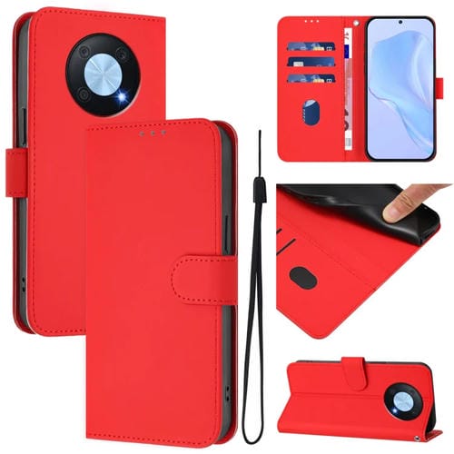 Funda de Piel Sintética con Cordón para Huawei Enjoy 50 Pro 4G y Nova Y90 (Rojo)
