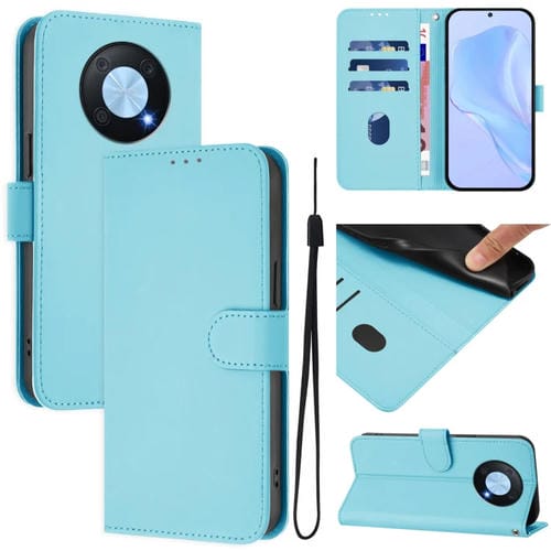 Funda Piel Sintética con Cordón para Huawei Enjoy 50 Pro 4G y Nova Y90 (Azul Cielo)