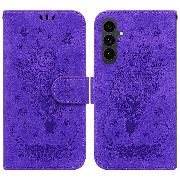 Funda de cuero con relieve de mariposa y rosa para Samsung Galaxy S25 FE 5G (morado)