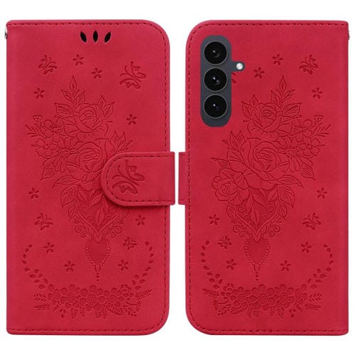 Funda de cuero con relieve de mariposa y rosa para Samsung Galaxy S25 FE 5G (roja)