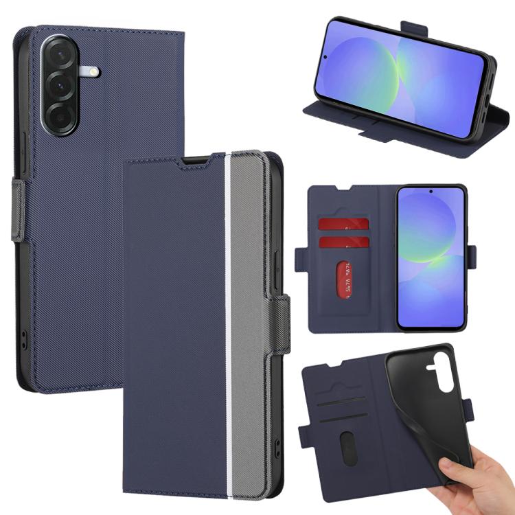 Funda de cuero con textura de sarga y botones laterales para Samsung Galaxy A36 5G (azul)