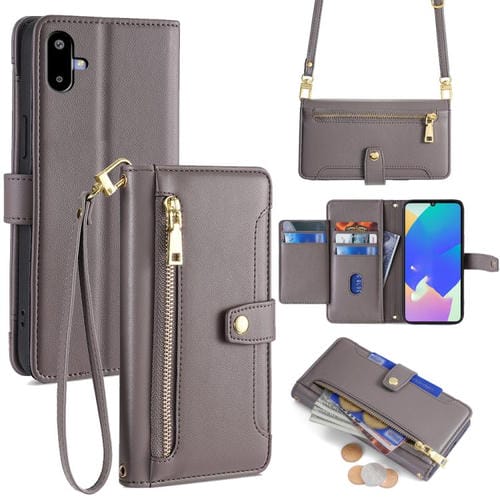 Funda de cuero tipo cartera con cremallera y textura de oveja para Samsung Galaxy F06 5G (gris)