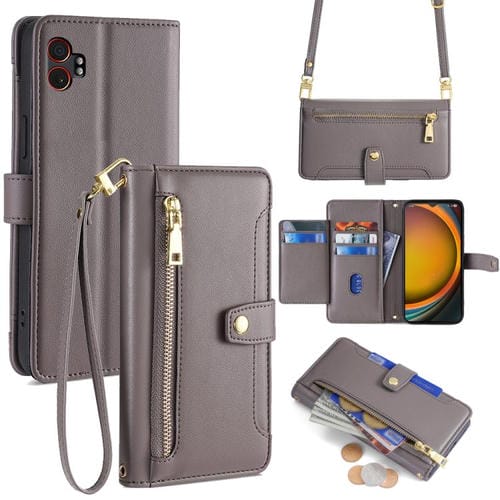 Funda de cuero tipo cartera con cremallera y textura de oveja para Samsung Galaxy Xcover 7 Pro 5G (gris)
