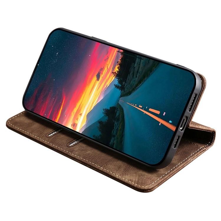 Funda de cuero magnética con cepillo y antirrobo RFID para Samsung Galaxy F06 5G (marrón)