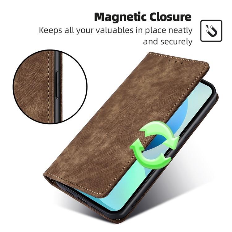 Funda de cuero magnética con cepillo y antirrobo RFID para Samsung Galaxy F06 5G (marrón)