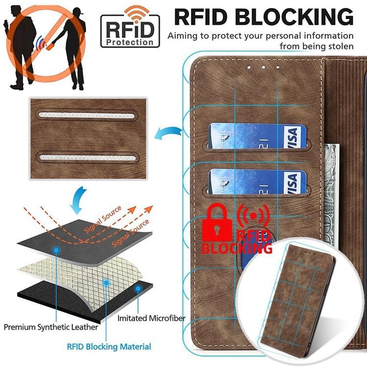 Funda de cuero magnética con cepillo y antirrobo RFID para Samsung Galaxy F06 5G (marrón)