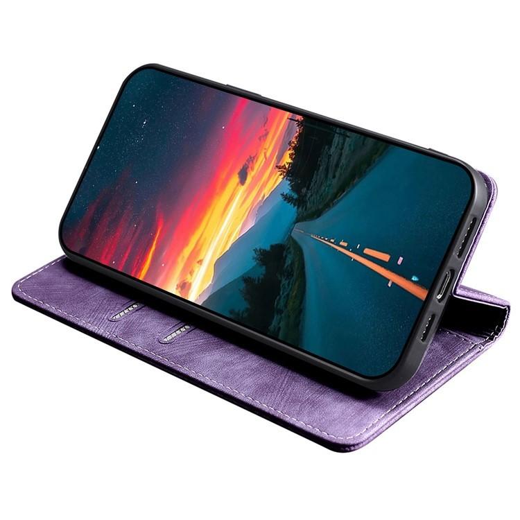 Funda de cuero magnética con cepillo y antirrobo RFID para Samsung Galaxy F06 5G (morada)