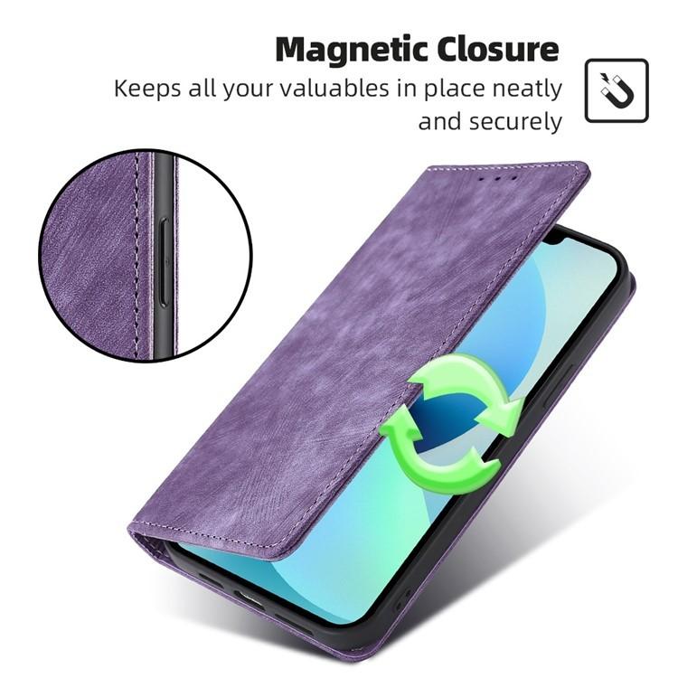 Funda de cuero magnética con cepillo y antirrobo RFID para Samsung Galaxy F06 5G (morada)