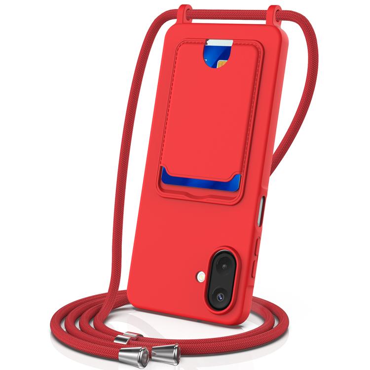 Funda de silicona líquida con cordón para Samsung Galaxy A07 5G, color sólido, con tarjetero integrado (rojo)