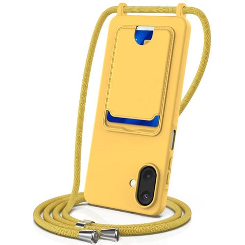 Funda de silicona líquida con cordón para Samsung Galaxy A07 5G, color sólido, con tarjetero integrado (amarilla)
