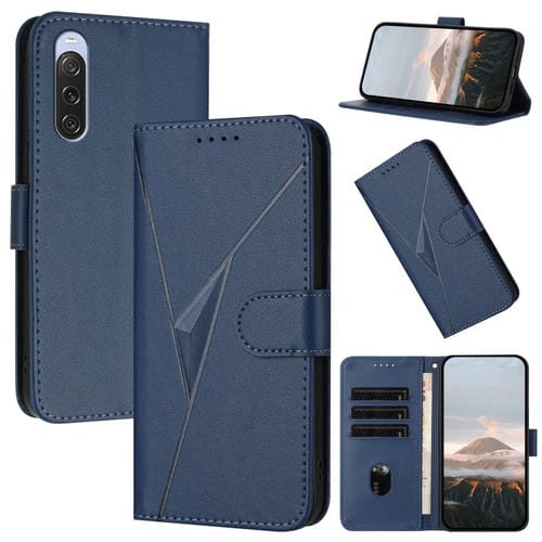 Estuche de Cuero con Hebilla y Diseño de Triángulos para Sony Xperia 10 V (Azul Real)