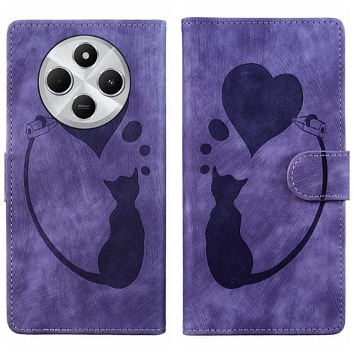 Funda de Cuero con Relieve de Gato y Corazón para Xiaomi Poco C75 (Morado)