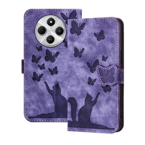 Funda de Cuero con Tapa para Teléfono Xiaomi Poco C75 con Estampado de Gato y Mariposa (Morado)