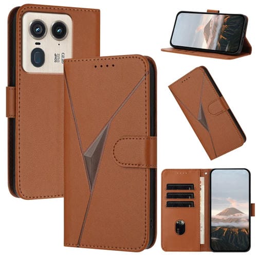 Funda de Cuero con Hebilla y Diseño de Triángulos para Motorola Edge 50 Ultra (Marrón)