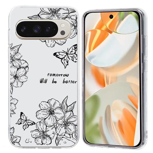 Funda de Teléfono TPU Google Pixel 9 Pro con Patrón de Pintura Colorida (Mariposa y Flores)