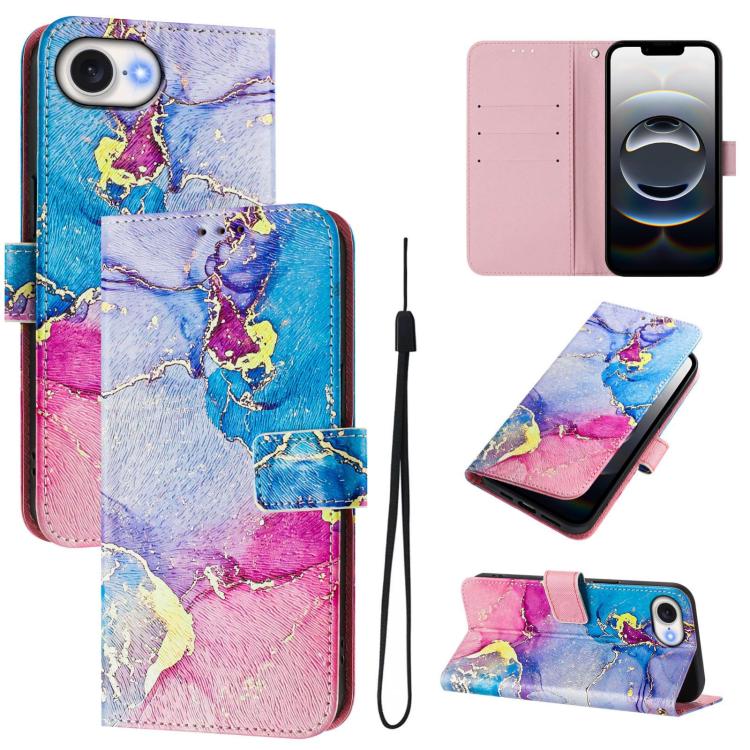 Funda de Cuero para iPhone 16E Diseño Dibujo Artístico Mármol Colorido